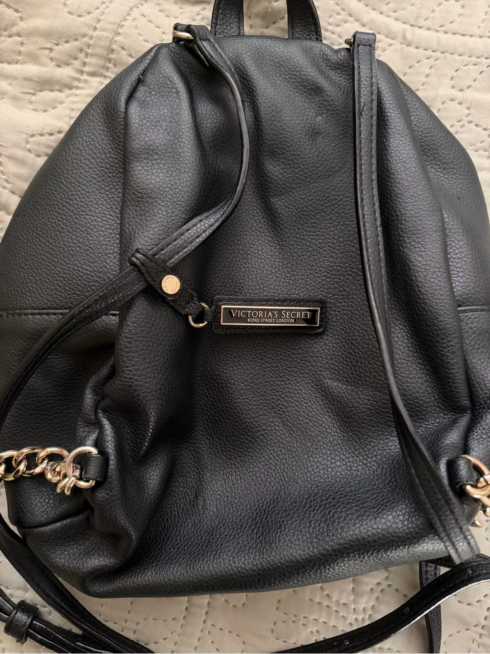 Victoria's Secret Black Quilted Mini Backpack with Gold Chain Accent